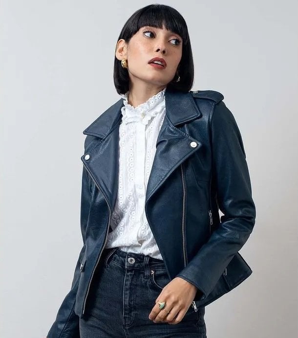 Blue leather jacket worn by a woman