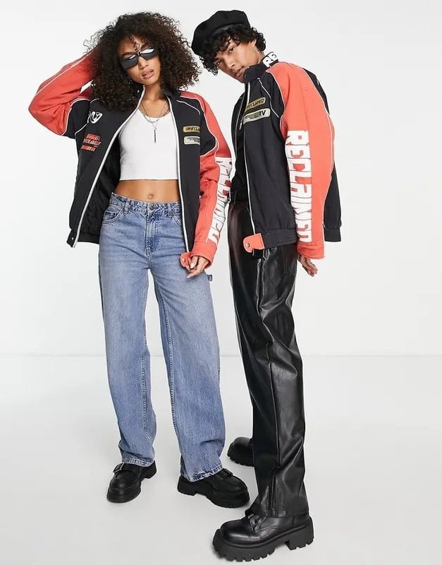 A unisex biker jacket worn by a couple