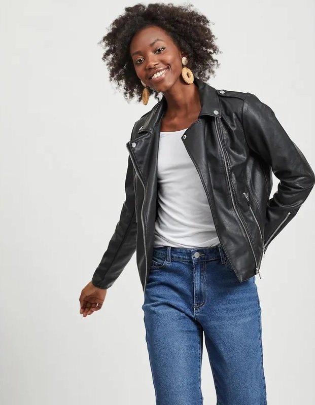 Black faux leather jacket worn by a woman