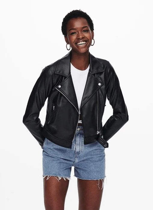 Woman wearing a faux leather jacket