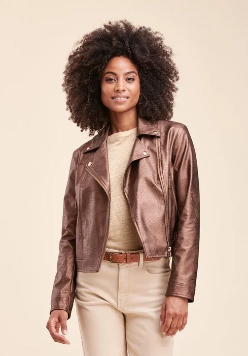 Brown motorcycle jacket worn by a woman