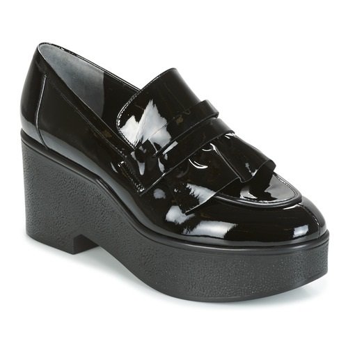 Women's patent leather loafers with platform in black