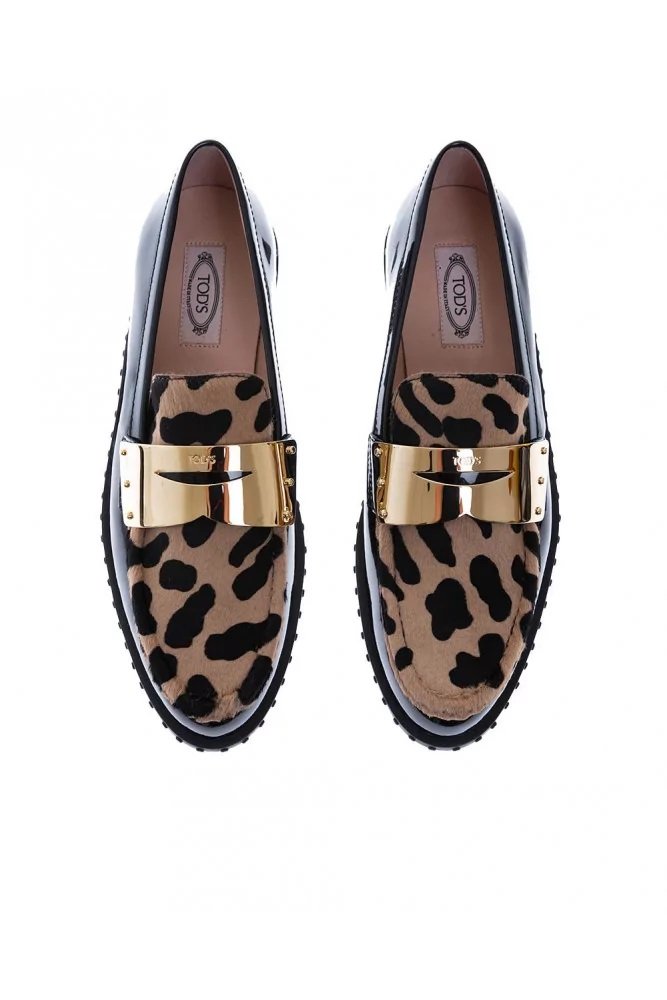 Women's patent leather loafers with leopard print