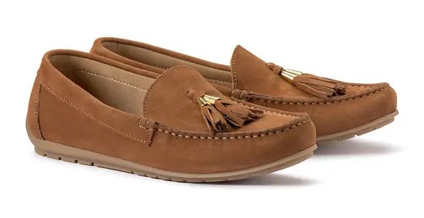 Brown leather loafers with pom-poms for women