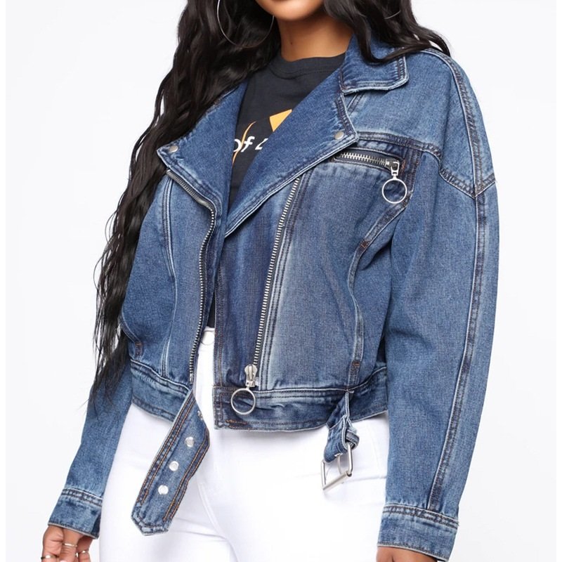 Denim bomber-style jacket worn by a woman with long hair