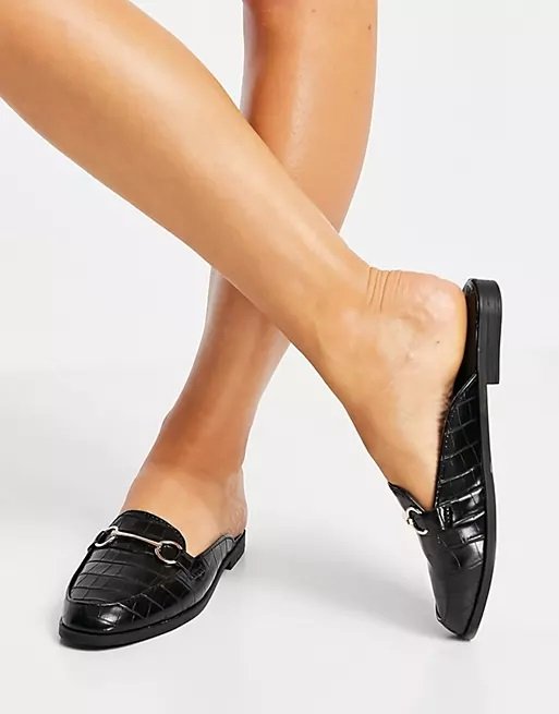 Black Croco Open Back Loafers for Women