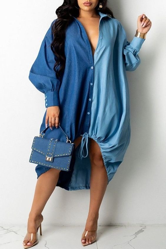 Curvy woman wearing an asymmetrical shirt dress