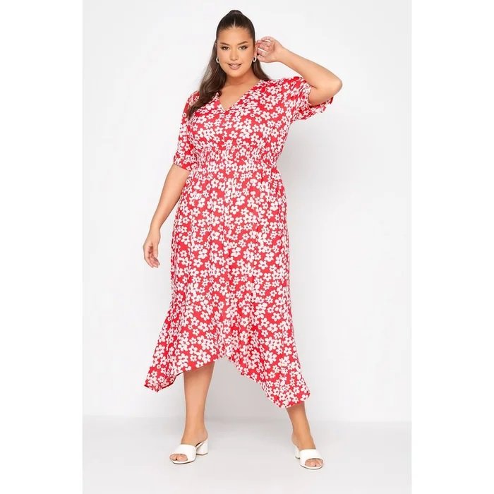 Curvy woman wearing a long floral red dress