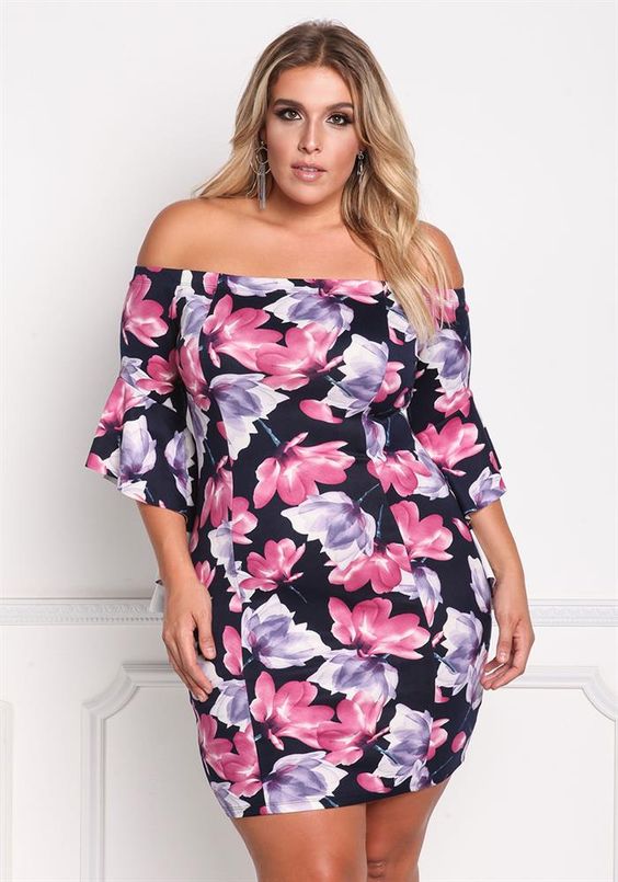 Floral dress with off-shoulder worn by a beautiful curvy woman