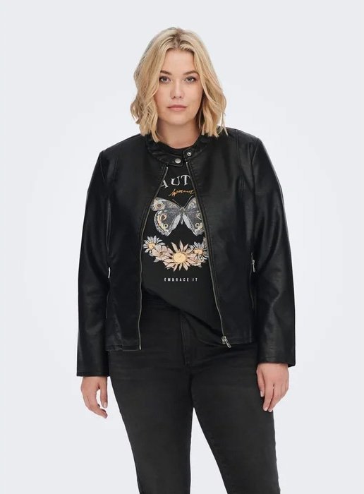 Black faux leather jacket worn by a woman