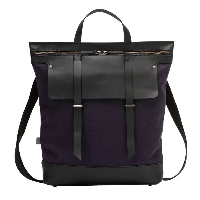 Genuine leather and fabric backpack for men in dark blue and plum color