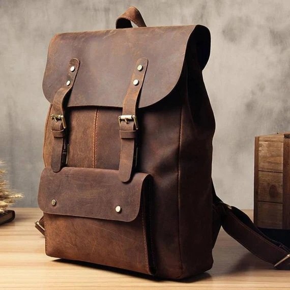 Brown vintage backpack for men made from full-grain aniline leather