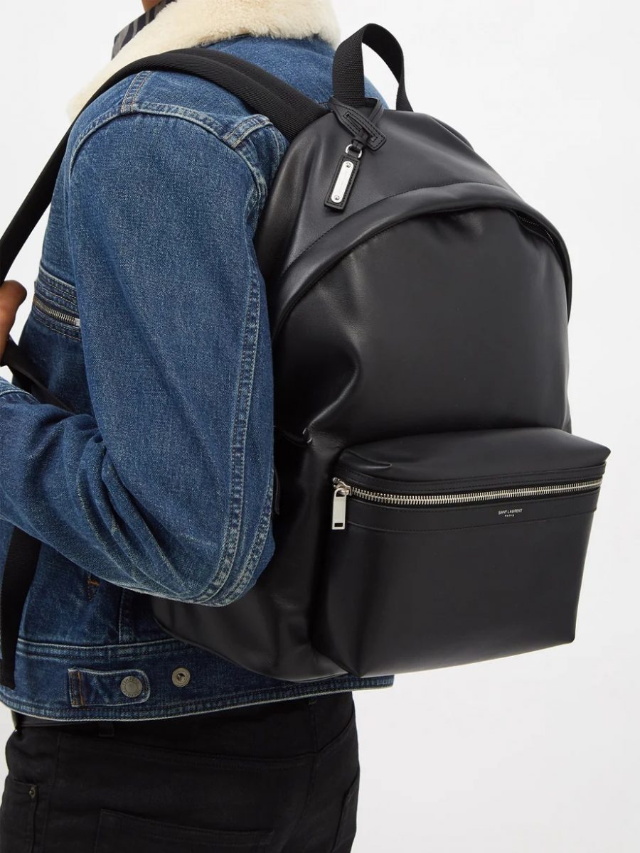 Black leather backpack for men with top handle and adjustable straps