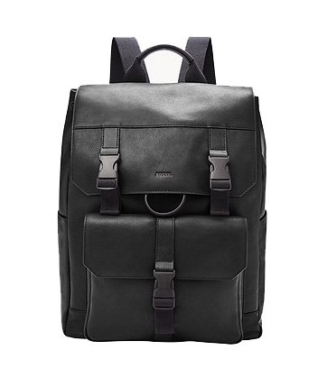 Black leather and polyester laptop backpack for men with a zipped pocket