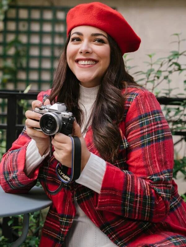 Brunette woman wearing a red beret from Shein