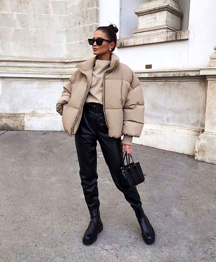 thigh-high boots and puffer jacket