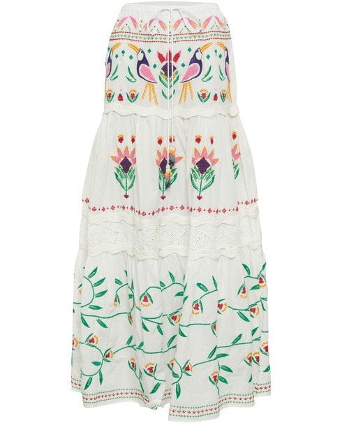 Long white skirt with colorful embroidery