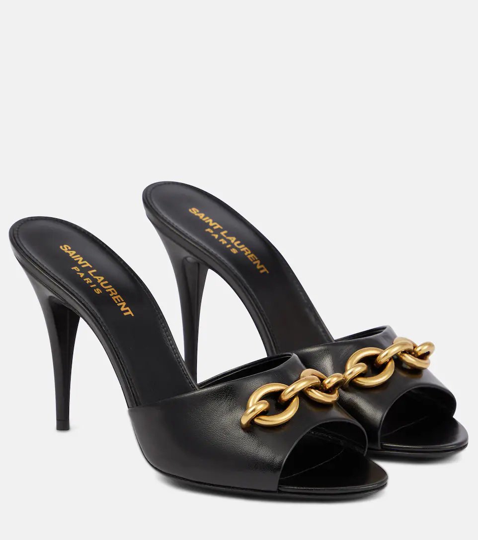 Black heeled sandals with gold chains YSL