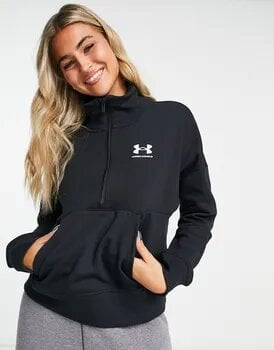 Blonde woman wearing Under Armour zip fleece sweatshirt