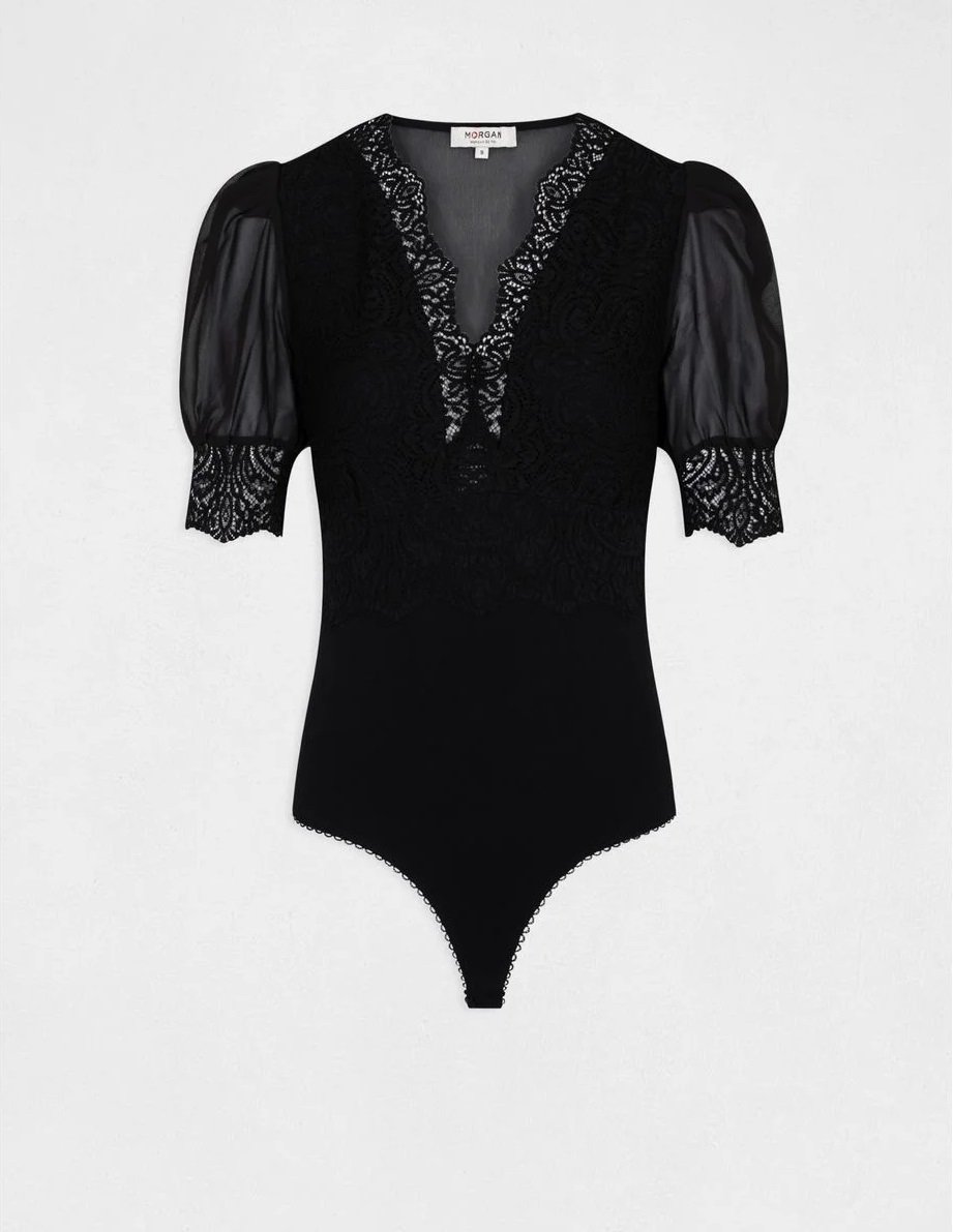 Shirt bodysuit with short lace sleeves