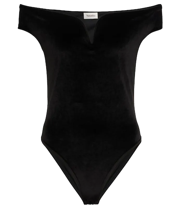 Black bodysuit with bardot neckline