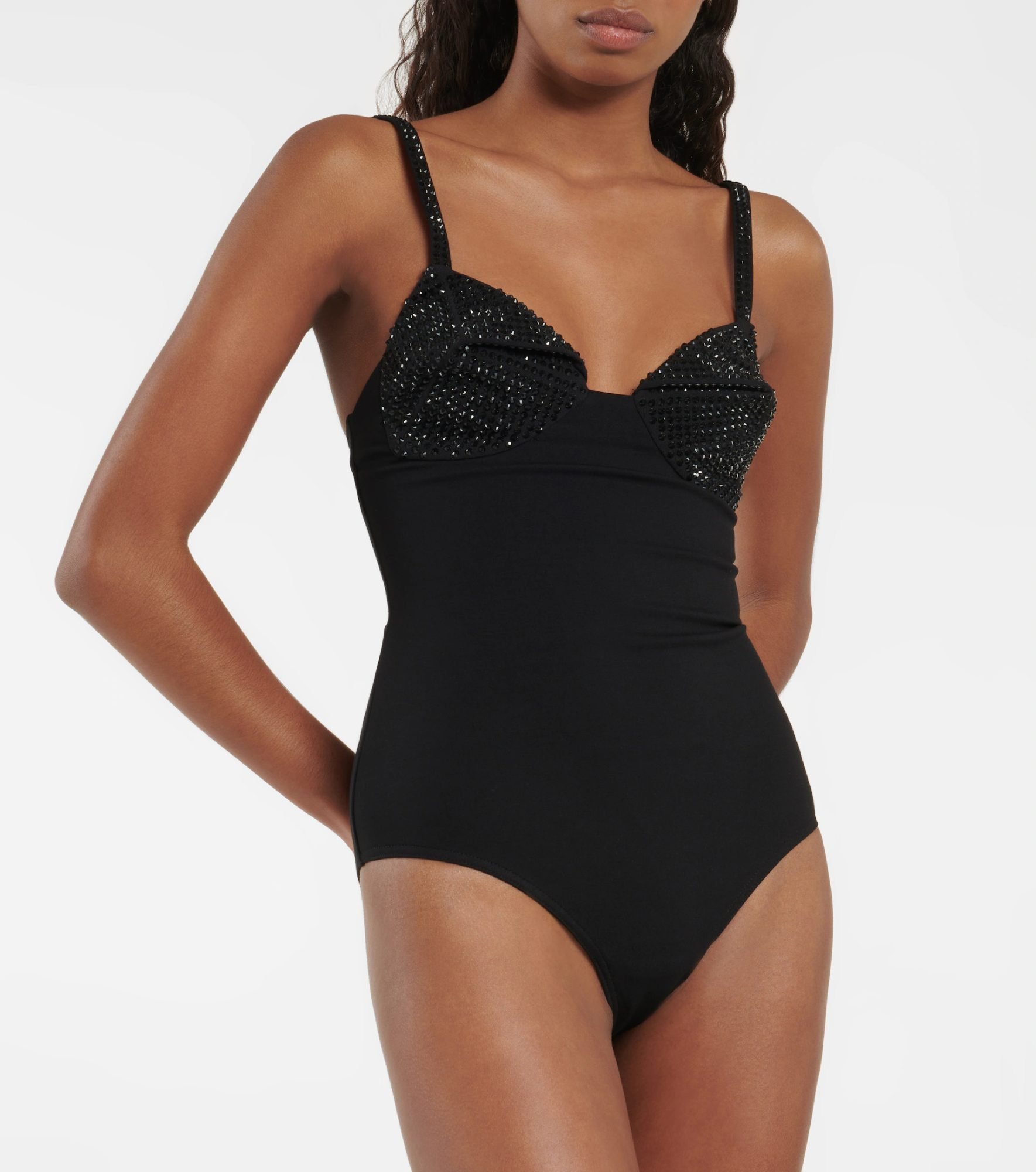 black bodysuit for women by the brand Area: closeup