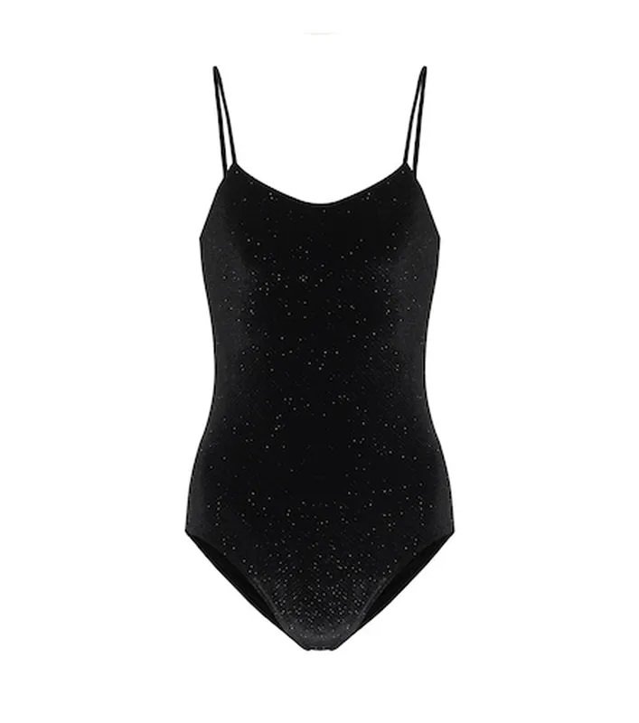 Black velvet bodysuit with silver sequins