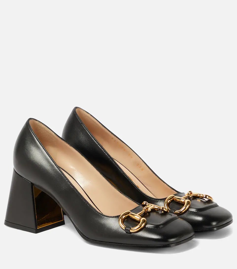 Gucci square toe pumps with gold buckle