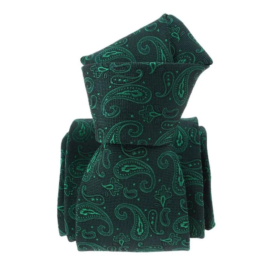 Green silk tie for men with Indian Paisley patterns