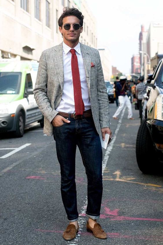 outfit gray suit white shirt and red tie