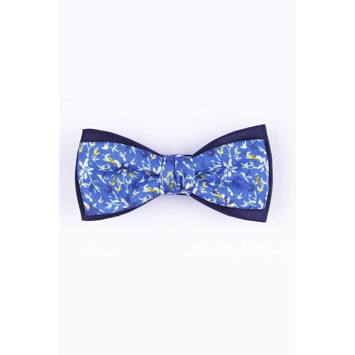 Blue, white, and yellow patterned bowtie from Atelier F&B