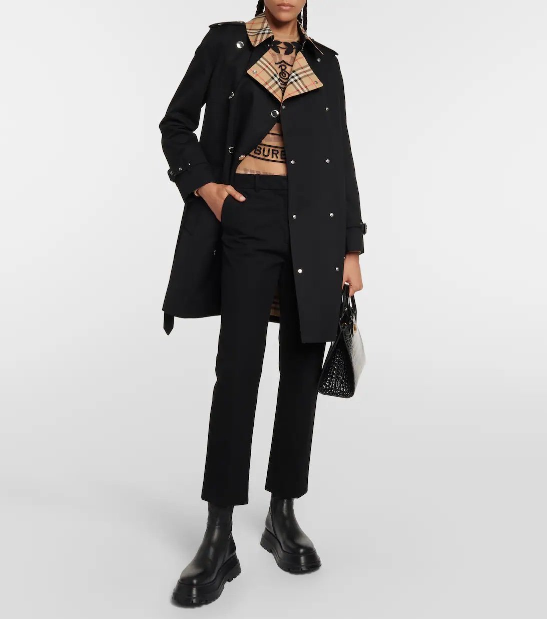 Black cotton trench with tartan Burberry