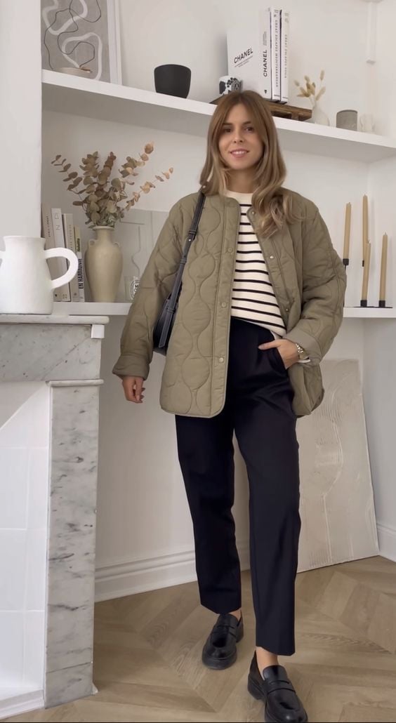 Tenue avec veste matelassée kaki