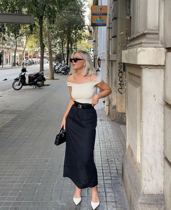 Outfit with Bardot neckline top