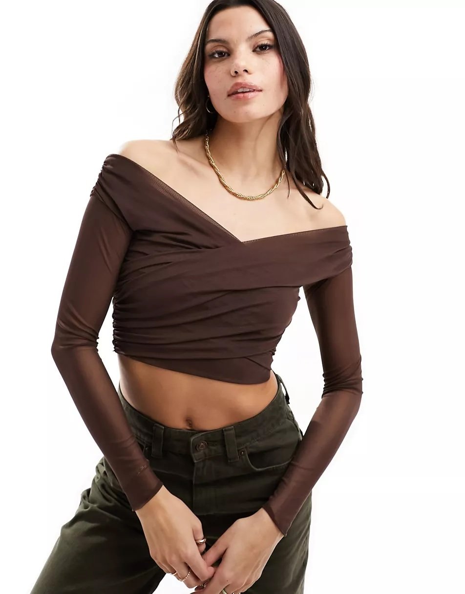 Bardot neckline tulle top Bershka