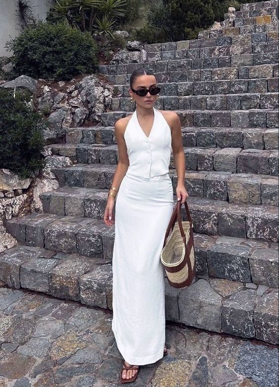 outfit with straight white linen skirt