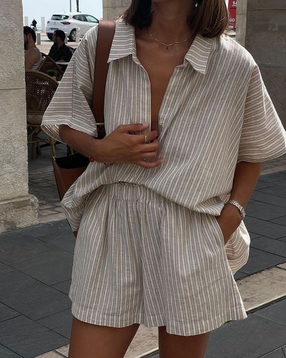 beige striped linen shorts