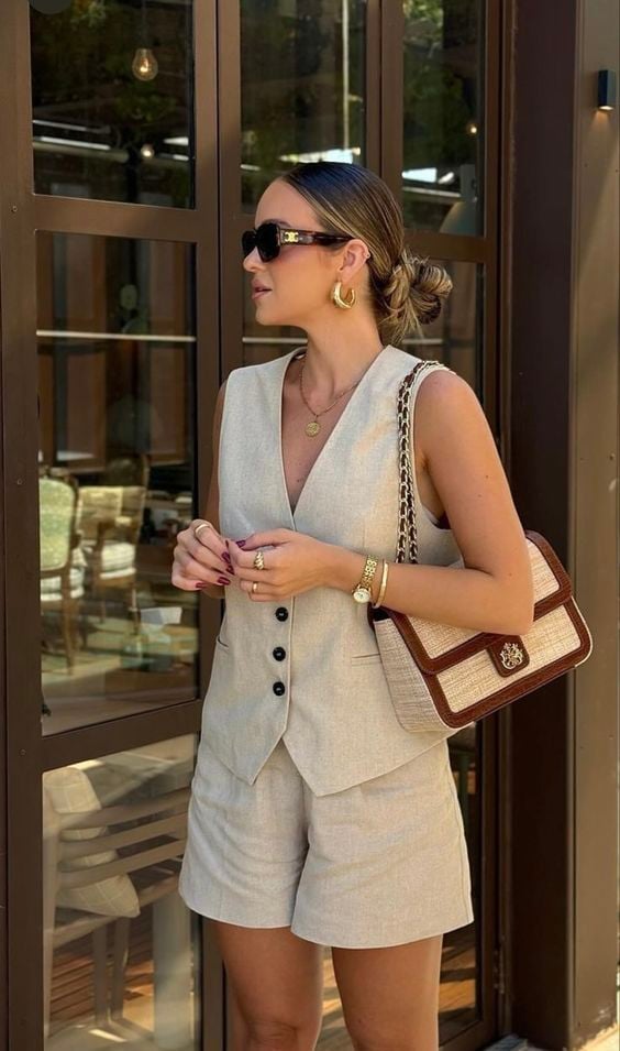 beige linen blazer set