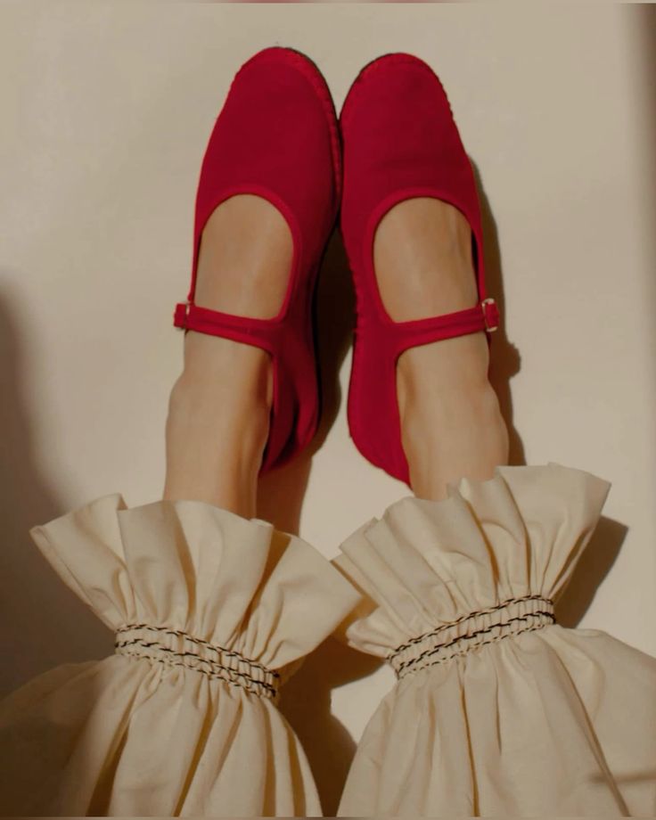 Red velvet strap ballerinas