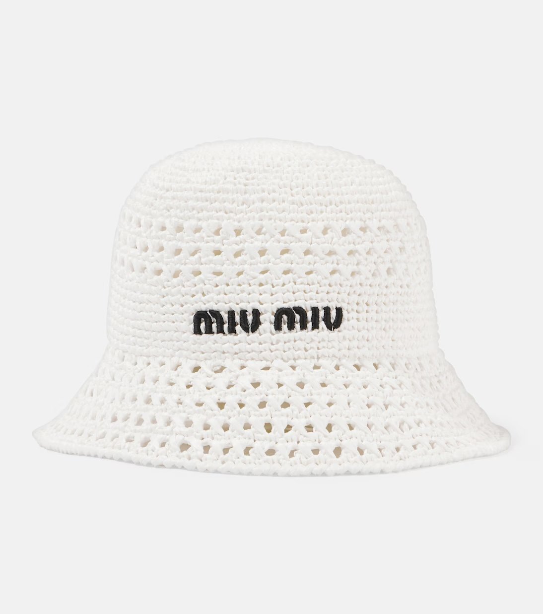 White crochet bucket hat with Miu Miu logo