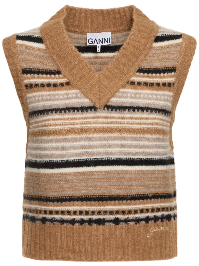 Striped brown alpaca cardigan Ganni