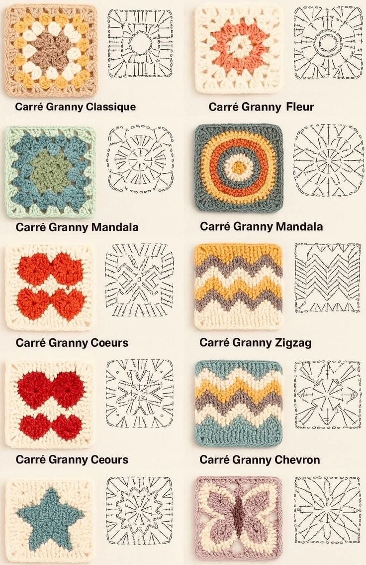 Example of patterns on granny square in crochet
