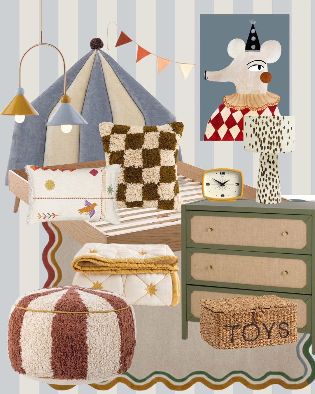 Circus style decor kids room moodboard 2026